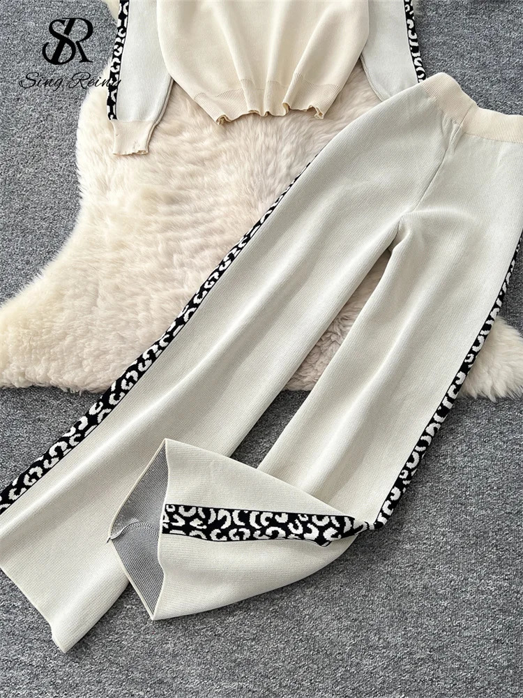 SINGREINY est Autumn Warm Women Suits O Neck Full Sleeves Loose PulloverWide Legs Long Pants Casual Print Knitting Sets 250808