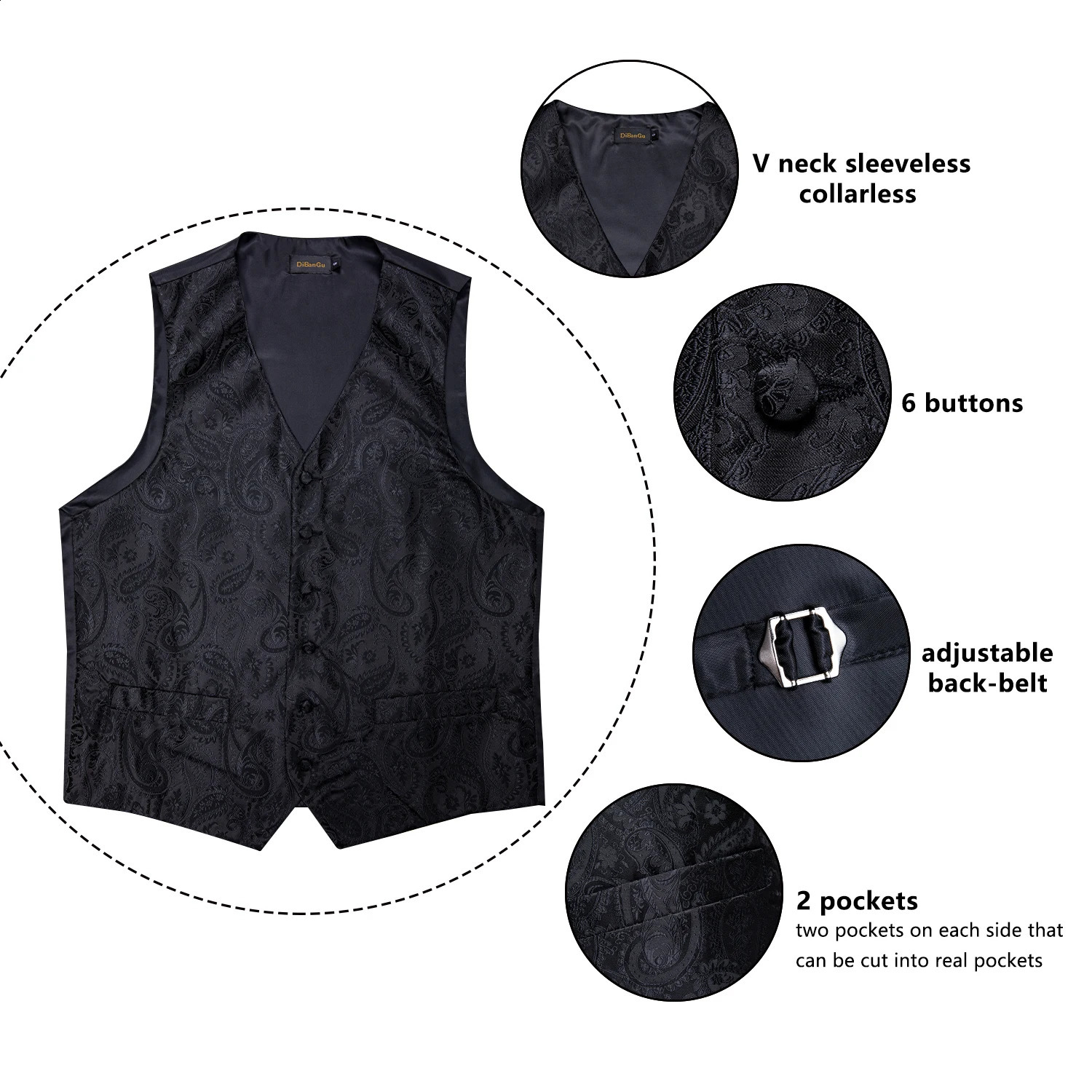 Mens Black Solid Paisley Suit Vest with Necktie Bow Tie Handkerchief Cufflinks Formal Waistcoat for Wedding Prom Tuxedo 250809