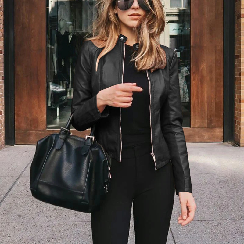 Spring Autumn Oversized Stand Collar Fashion Zipper Jacket Ladies Slim Allmatch PU Leather Coat Top Women Solid Color Cardigan 250809