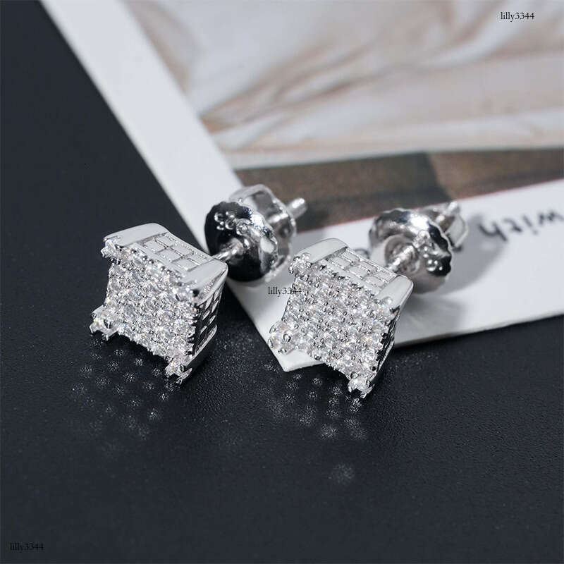 Hip-Hop Classic Square Unisex Sier Moissanite Full Inlay Personality Trendy Brand Earrings