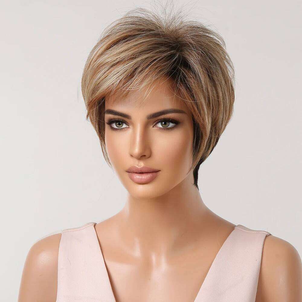 Light Blonde Ginger Synthetic Wigs Straight Short Pixie Cut Ombre Brown Wig with Fluffy Bangs for Women Natural Heat Resistant