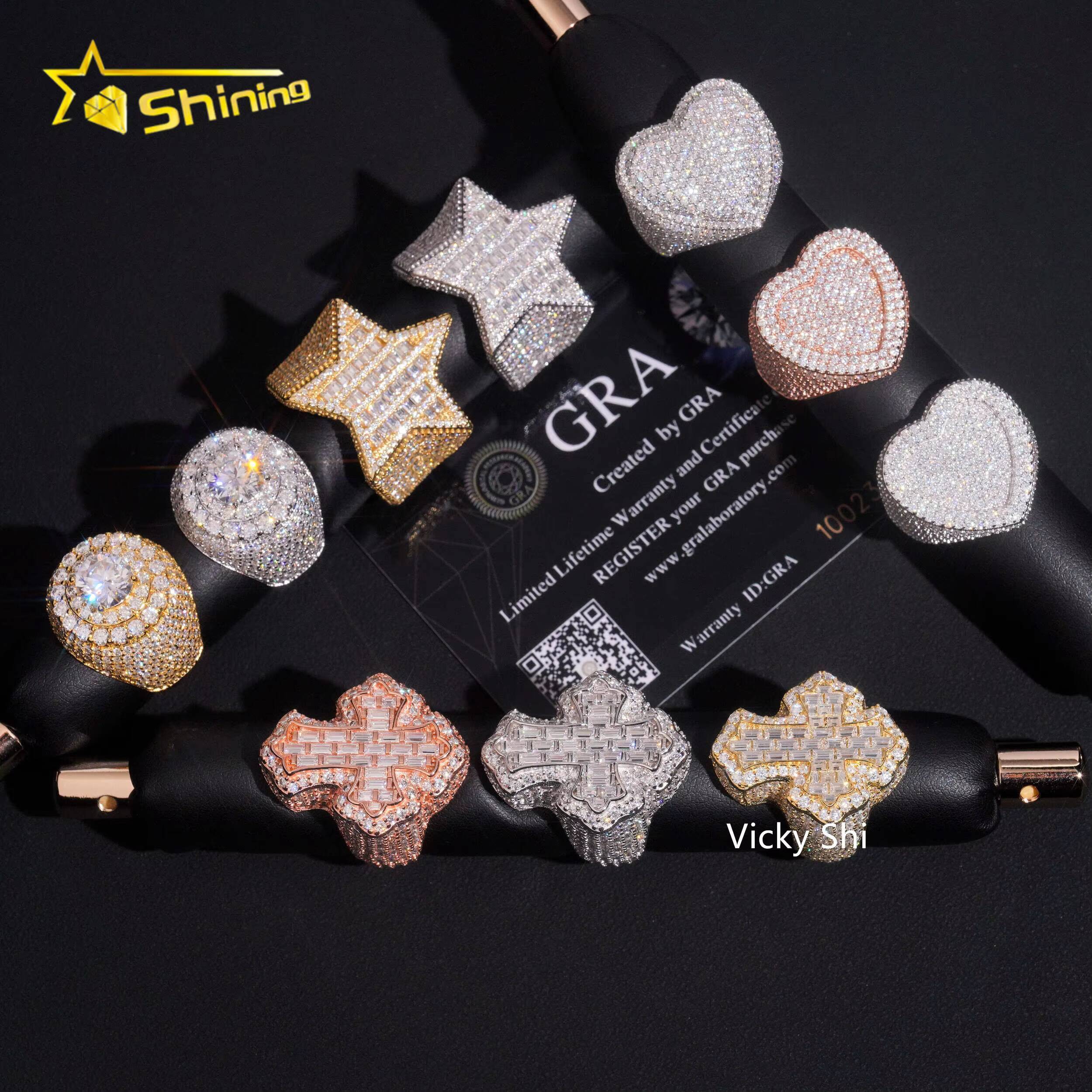 Hip Hop Jewelry 925 Sterling Silver VVS Moissanite Ring Men Iced Out Cross Heart Star Shape Rings Collection Rings Daily Wear