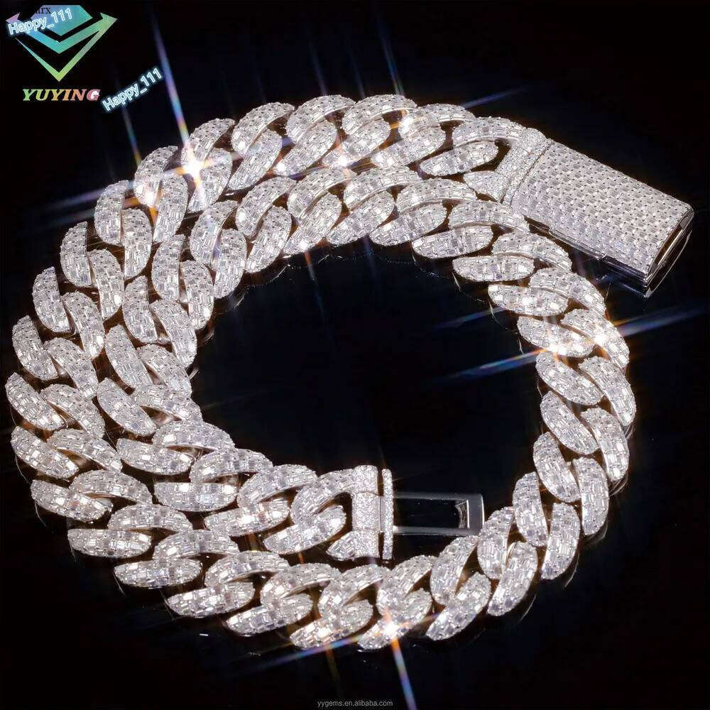 Design VVS Baguette Moissanite Chain 23mm Wide Solid Sier Gold Plated Iced Dia Rapper Cuban Link Necklace