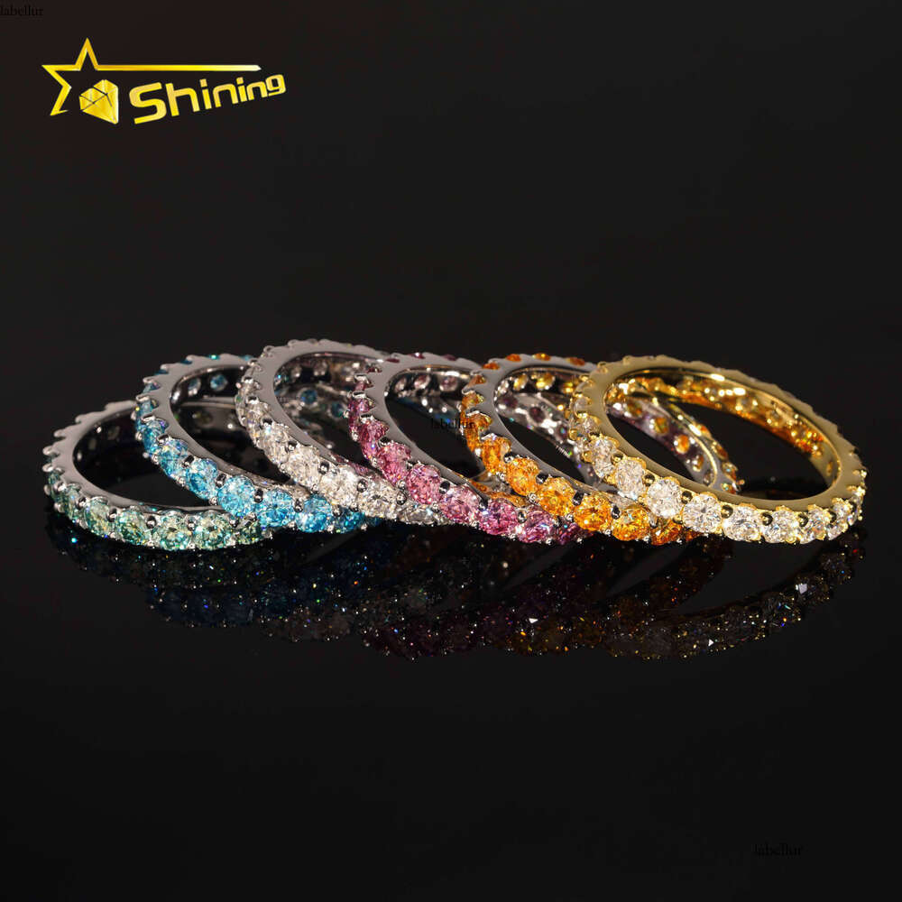 Pass Dia Tester Fine Jewelry Eternity Hip Hop Rings Solid Sterling Sier 3.0mm Colored Moissanite Band Ring