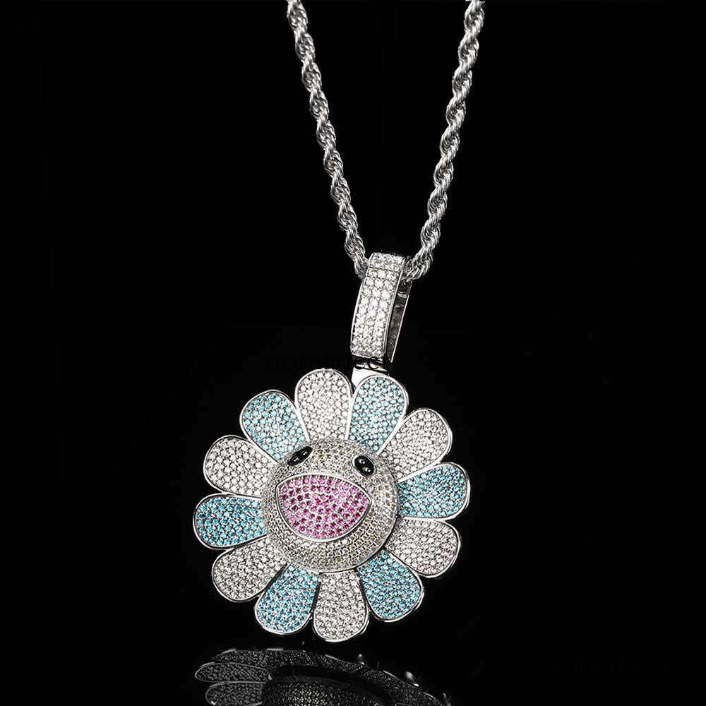 Hip-Hop Rotatable Murakami Suower Trendy Brand Personality Sterling Silver Inlaid Moissanite chain Pendant Necklace