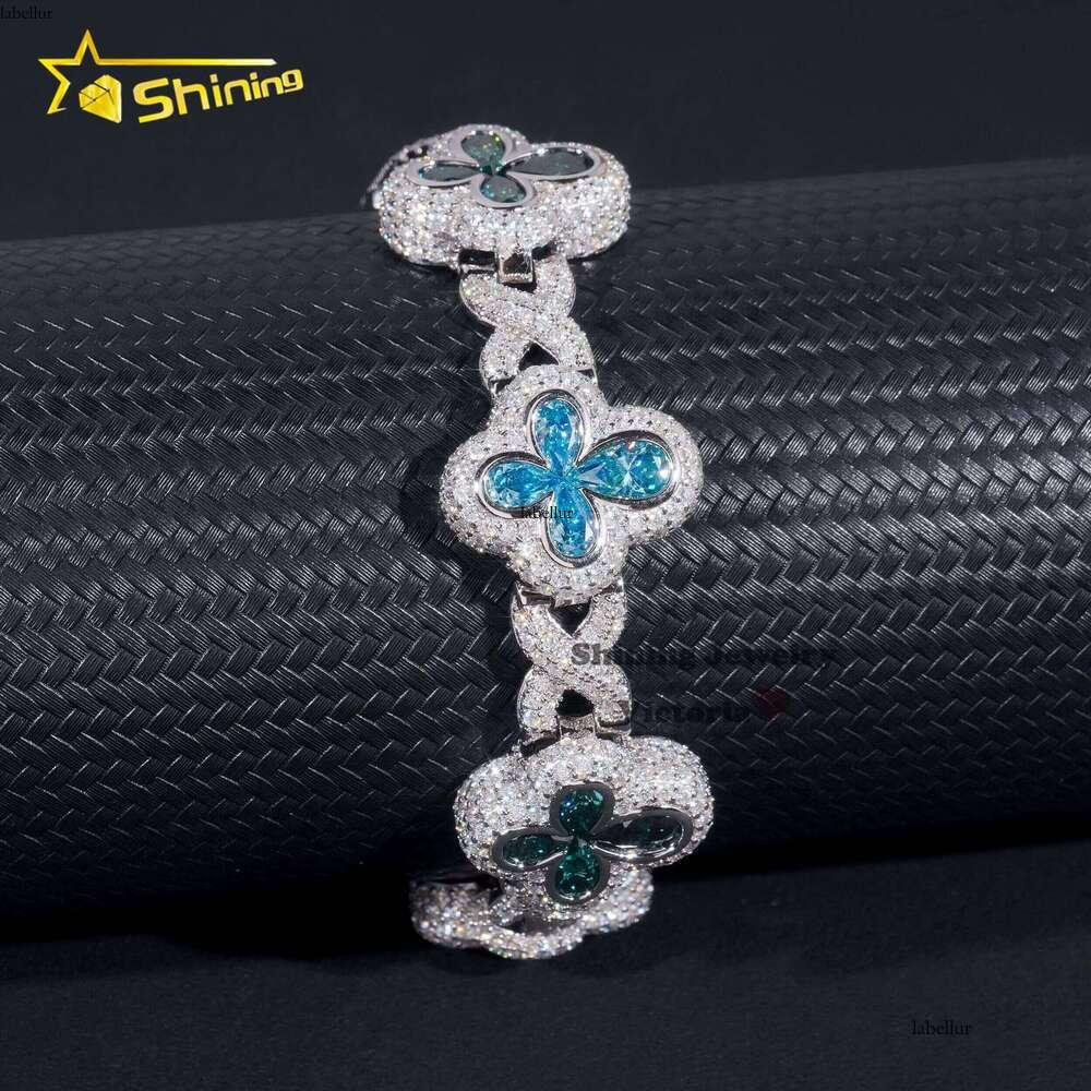 New Arrival Pearlescent Hip-Hop Jewelry Pure Sier Colorful Pear Quartz Ice Clover Infinite Chain Bracelet for Men