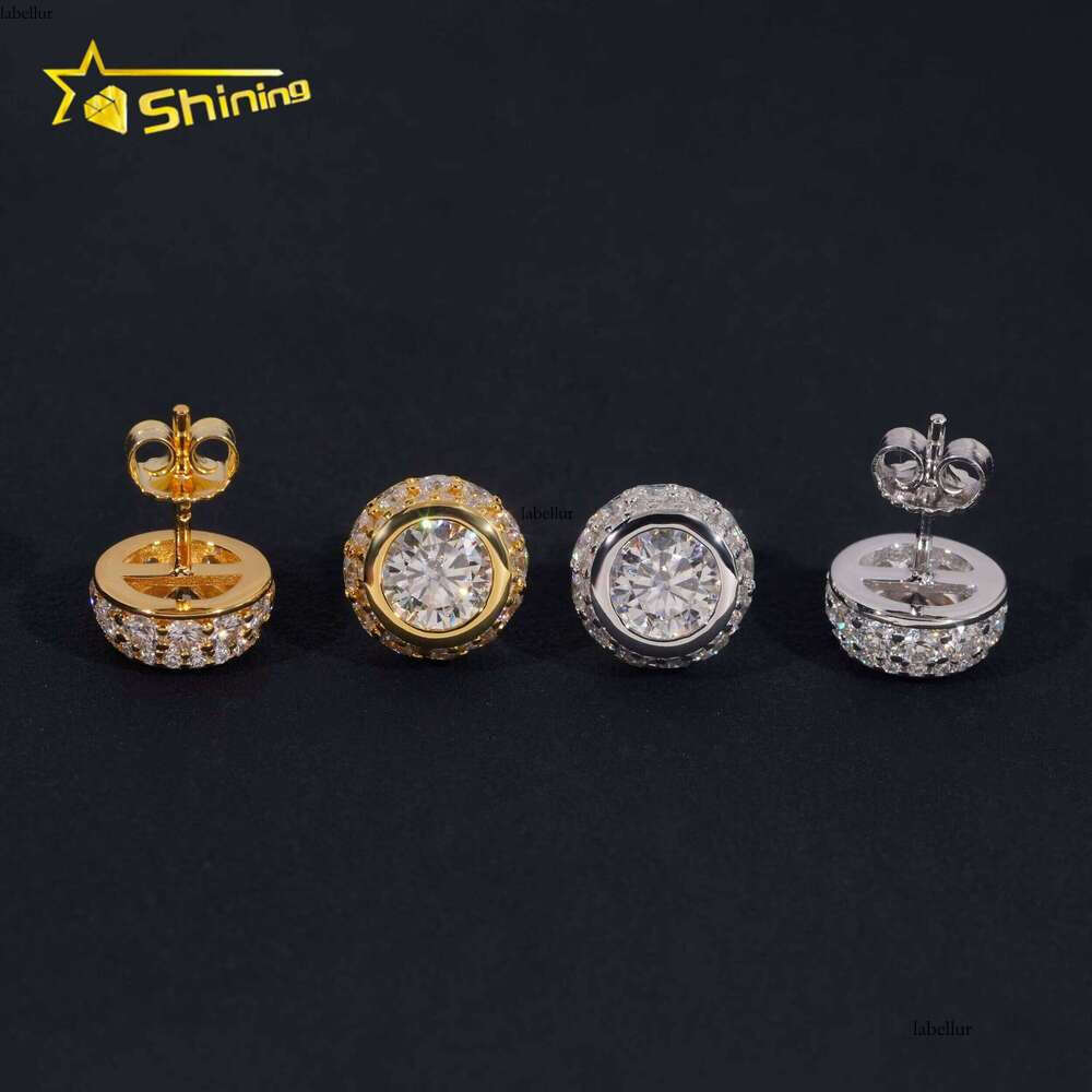 Hip Hop Gold Plated Bezel Setting 1ct Dia Mens Sier Iced Out Moissanite Earrings