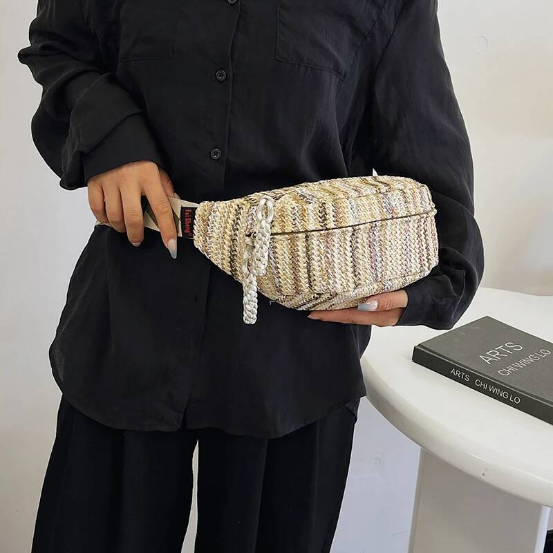 Elegance Lady Fanny Hand Woven Waist Bag Summer Female Belt Bags Rainbow Stripes Crossbody Chest Pack Designer Banana Packs