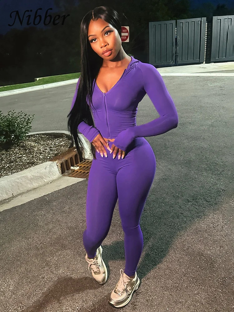 Nibber Sporty Casual 2 Piece Set Women Tracksuit Hooded Zip Crop TopsLeggings Fitness Soft Stretch Streetwear Activity Suit 250809