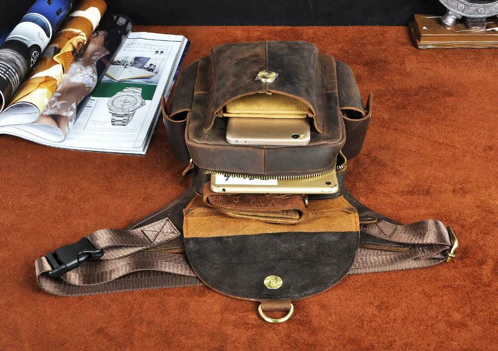 Quality Leather Design Men Multi Function Messenger Mochila Fashion Organizer Fanny Waist Belt Pack Drop Leg Bag Male 9938