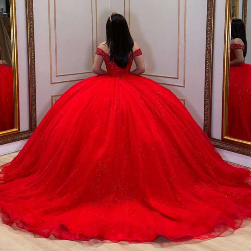 Red Shiny Quinceanera Dresses Off The Shoulder Beading Crystal Tull Party Birthday Ball Gown Vestidos De 15 Anos Sweet 16 Dress