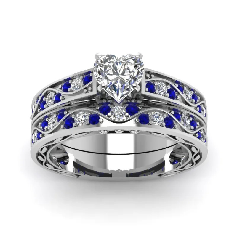 Fashion Couple Rings Romantic Women Heart Zircon Stone Rings Set Mens Blue Stainless Steel Ring Wedding Party Jewelry Gifts 250805