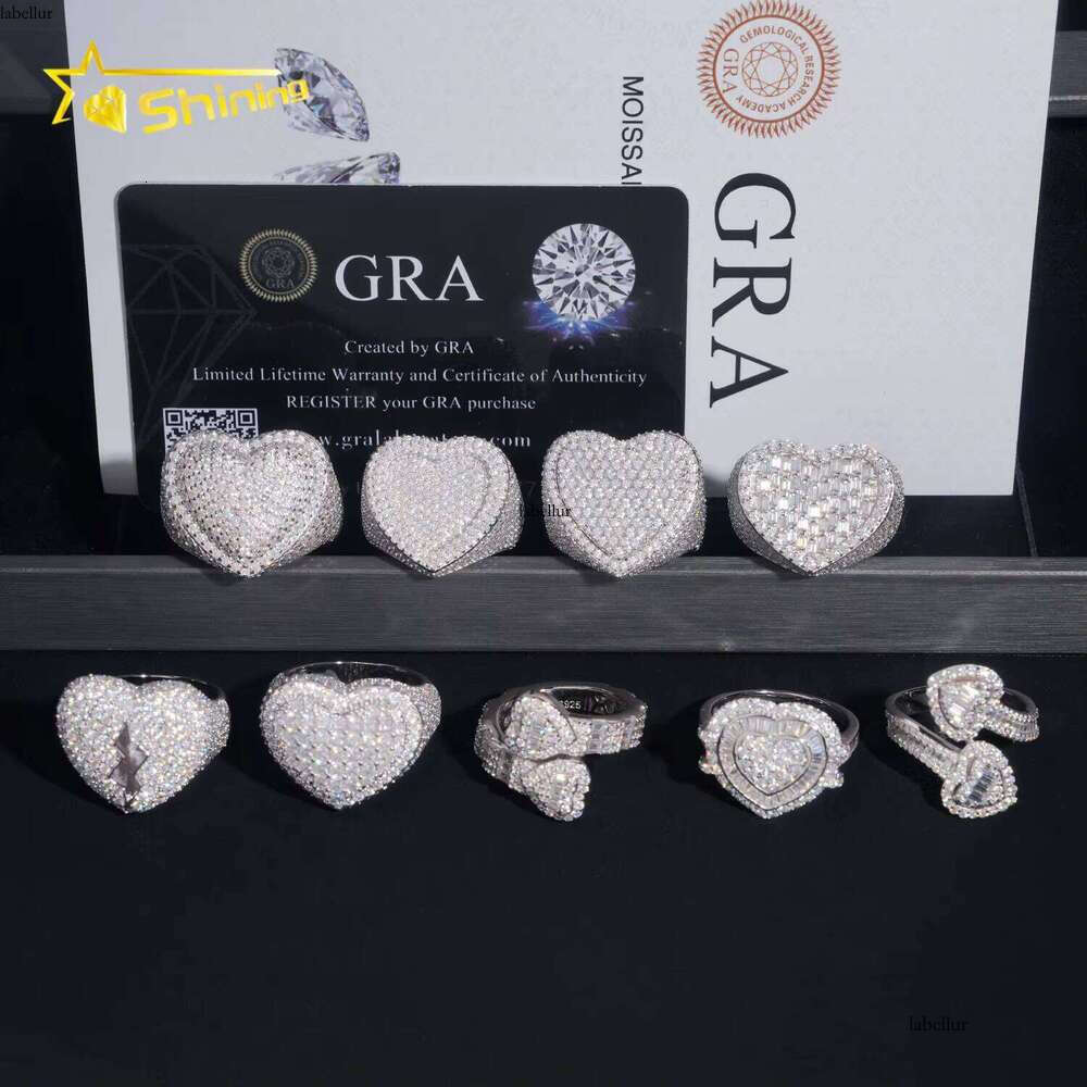 Fine Jewelry Pure Sier Gold-Plated Ice Out Men's Heart-Shaped VVS Silica Hip-Hop Ring