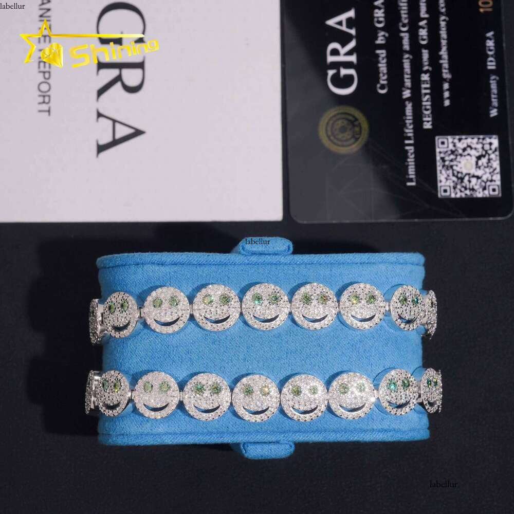 New Design Smile Emoji Green Moissanite Fashion Jewelry Gold Plated Sterling Sier Men's Iced Out Hip Hop Bracelet