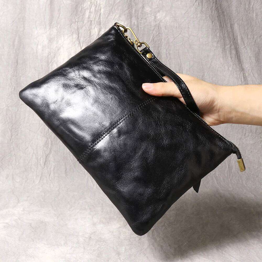 LUOKIR New Vintage Handmade Genuine Leather Men s Clutch Fashion Women Bag Large Capacity Cowhide Document Wristlet bag