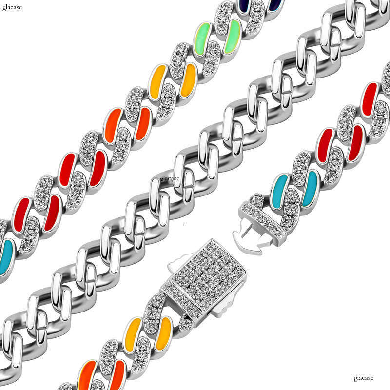 8mm New Colorful Oil Drop Mixed Moissanite chain Cuban Necklace Men's National Trend Bracelet Hip Hop Accessories