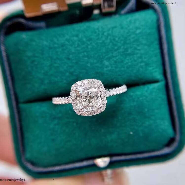 Fine Jewelry Solid 14K White Gold 1.0CT Cushion Moissanite Dia with Halo Women Engagement Wedding Rings