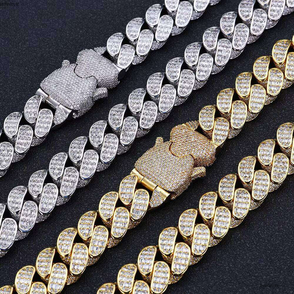 NUOYA HipHop Jewelry Personalized Custom Bling Dia Elastic Buckle Full Pave Baguette Zircon Cuban Chain Bracelet