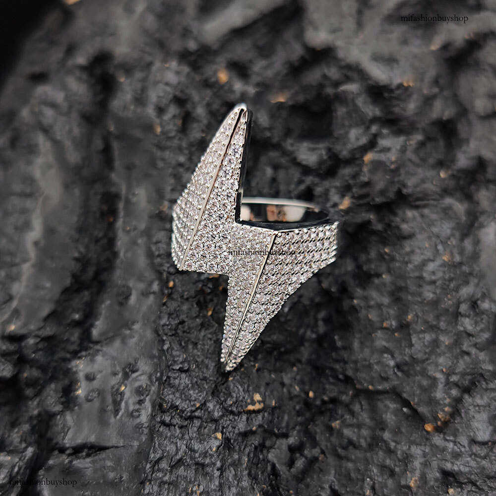 Rhombus Lightning Trendy Brand Personality Hip-Hop Sterling Silver Inlaid Full Zircon Men's Ring Jewelry