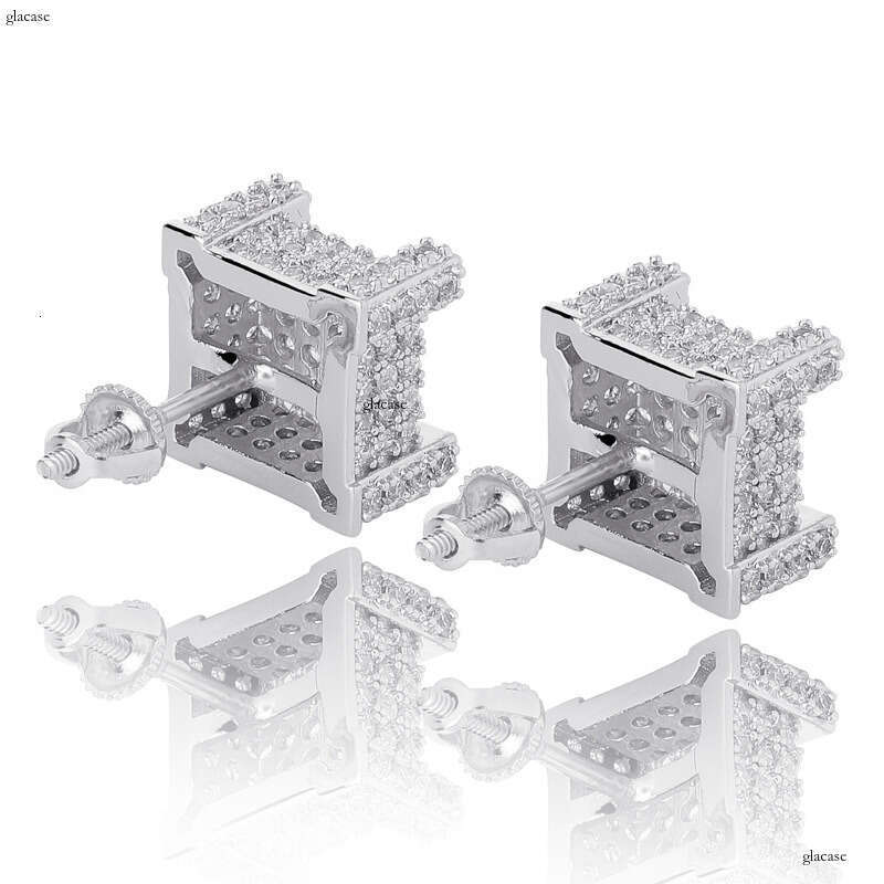 Iced Out VVS Square Three-Dimensional Pave Zircon Stud Personality Hip-Hop Unisex Versatile Earrings