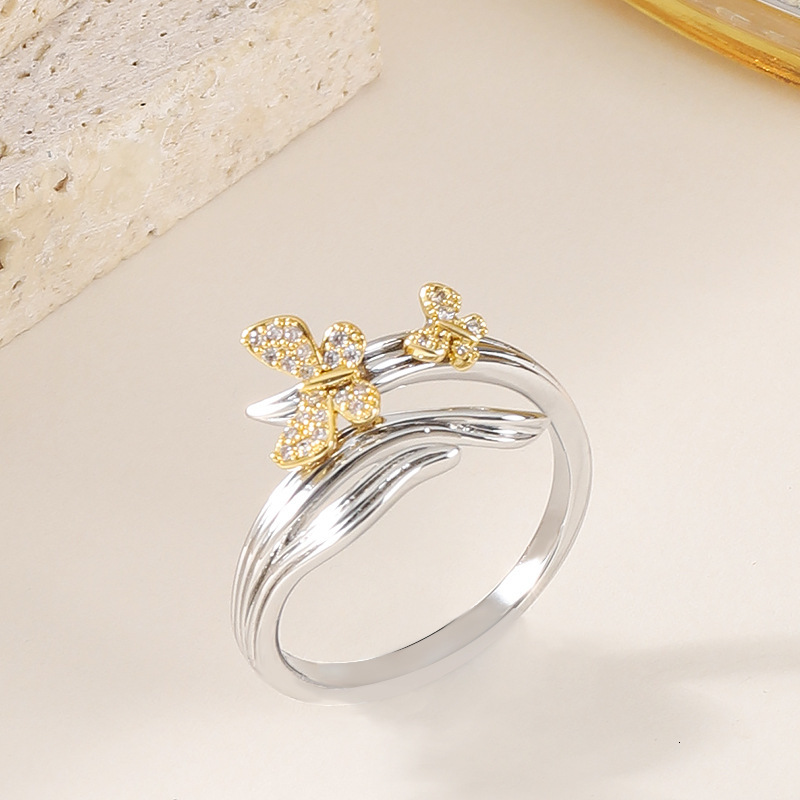 Internet Celebrity Fashion Exquisite Fresh Style Inlaid Diamond Butterfly Adjustable Open Ring Design Non-Fading Couple Jewelry
