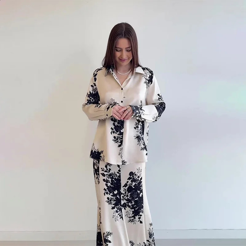 Spring Summer Satin Printed Women Loose Shirt Suits Traf Long Sleeve V Neck Blouse Female Midi Skirt Sets 250808