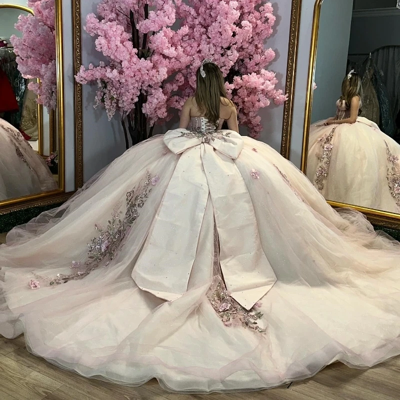 Champagne Quinceanera Dresses Ball Gown Sequin Applique Lace Beads Tulle Birthday Party Princess Vestido 15 De Anos Sweet 16 Dress
