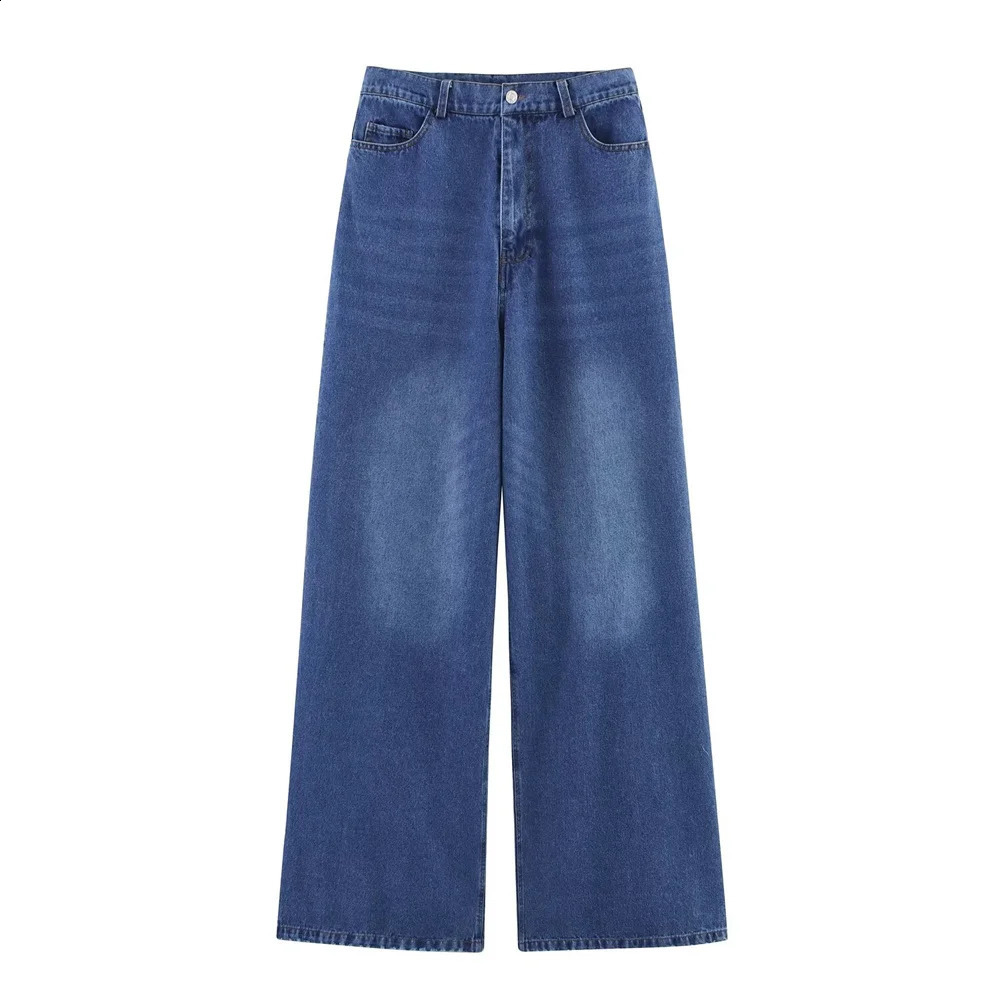 PB ZA 2025 Womens Blue Denim Puff - Sleeve Button - Down Shirt and Wide - Leg Jeans Set for a Casual and Stylish Look 250808