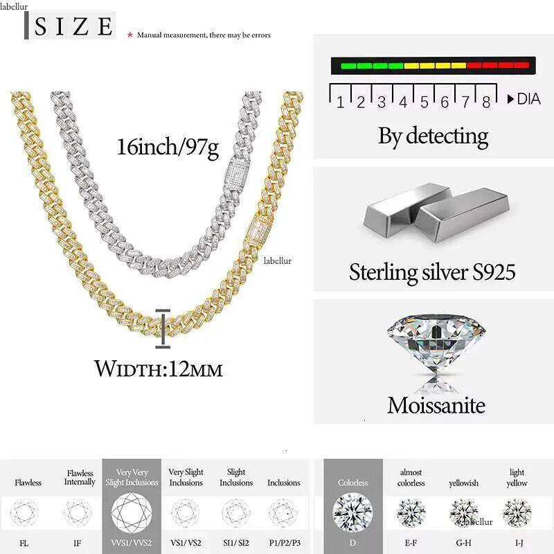 Hot Sale Rappers Hip Hop Jewelry 12mm Sterling Sier VVS Baguette Moissanite Dia Iced Out Cuban Link Chain Necklace