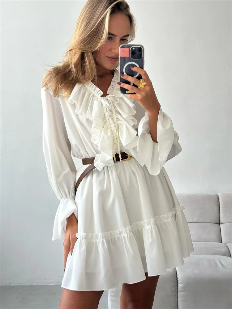 Tossy Ruffled VNeck White Mini Dress Female Patchwork Long Sleeve Elegant Bandage Fashion High Waist LaceUp Women 250809