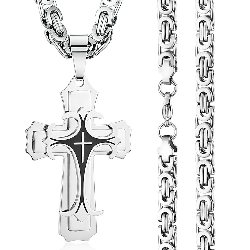 Vintage Stainless Steel Fleur-de-lis Cross Necklaces Pendants Long Byzantine Chain Necklaces Men Jewelry NC07 250805