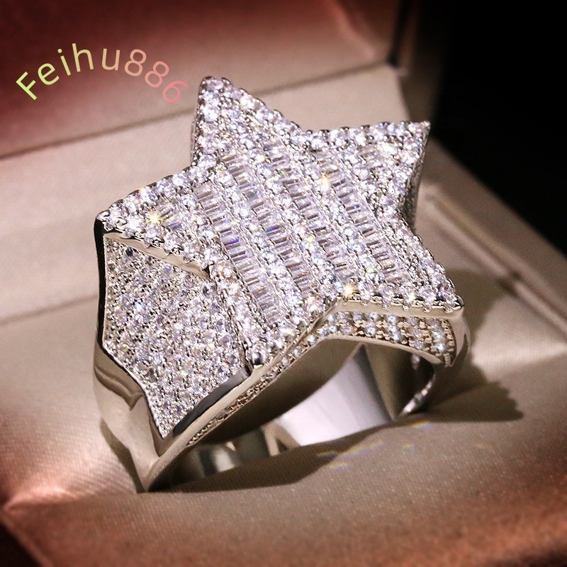 925 silver High Quality Full Diamond European and American Hip-hop Mens Micro Set Moissanite Star Charm Ring