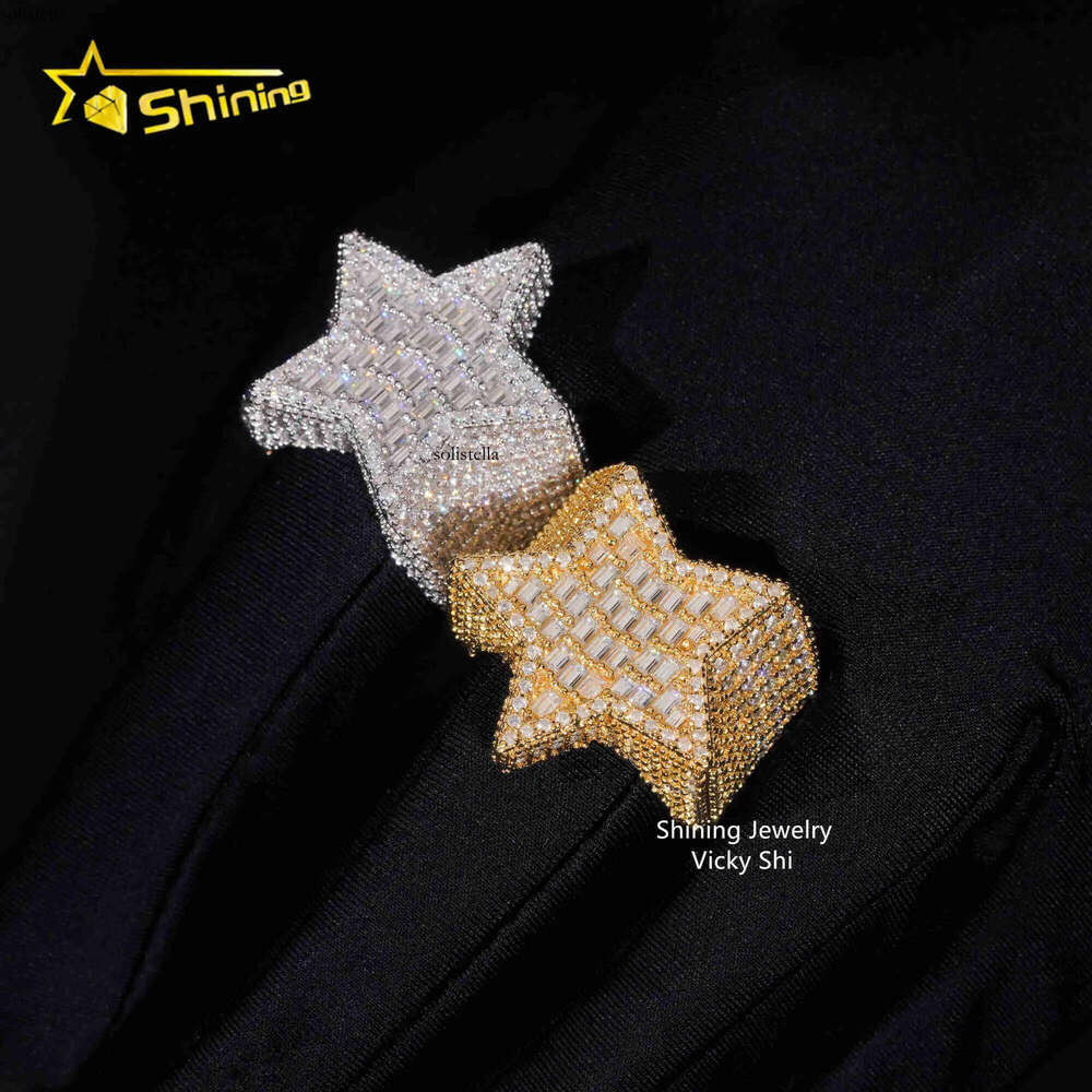 New Arrival Hip Hop Men Sterling Sier Gold Plated Iced Out Baguette Moissanite Star Ring
