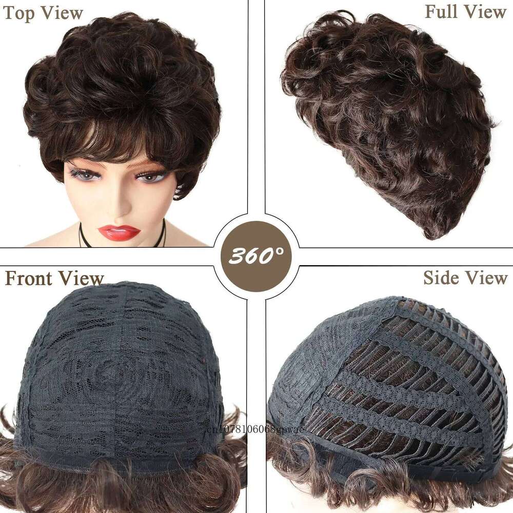 Women's Short Curly Hair Dark Brown Wigs with Bangs Natural Daily Fluffy Hairstyle Grandma Mommy Gift Wig Cosplay Party Use