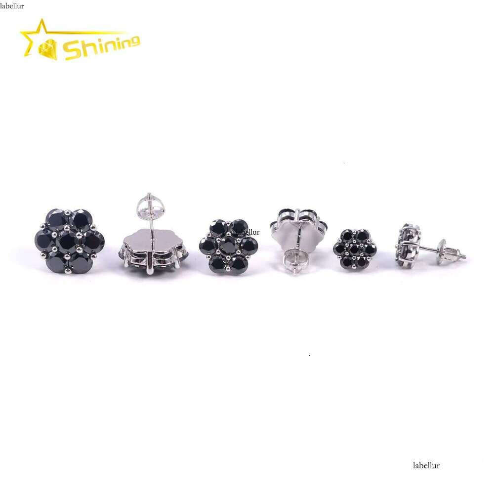 Premium Jewelry Black Dia Hip-Hop Iced Out Sterling Sier Flower Pyroxene Earrings