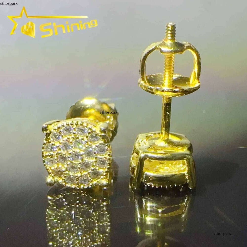 Style high quality real gold plated 4 claws round moissnaite stud earrings pass dia tester