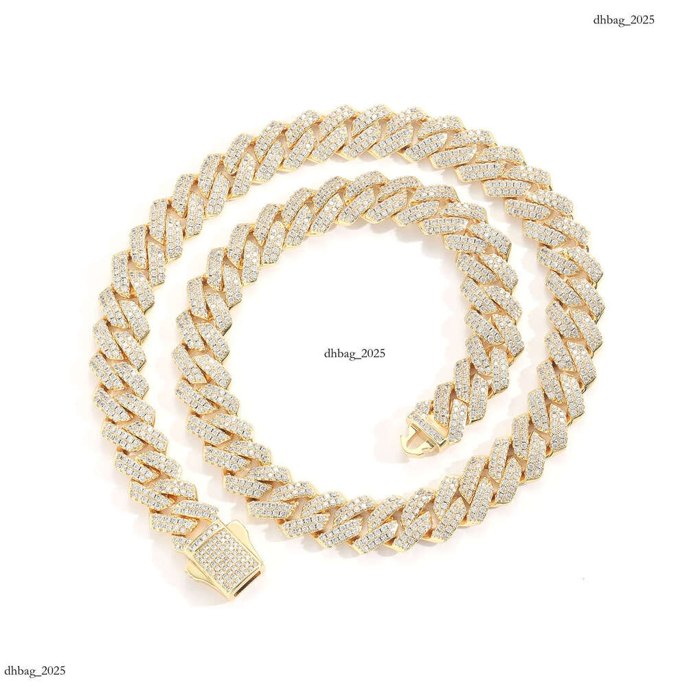 Men's Strip Spring Clasp Hiphop Sterling Silver Inlaid Moissanite chain 13mm Dia Cuban Chain Hip-Hop Necklace