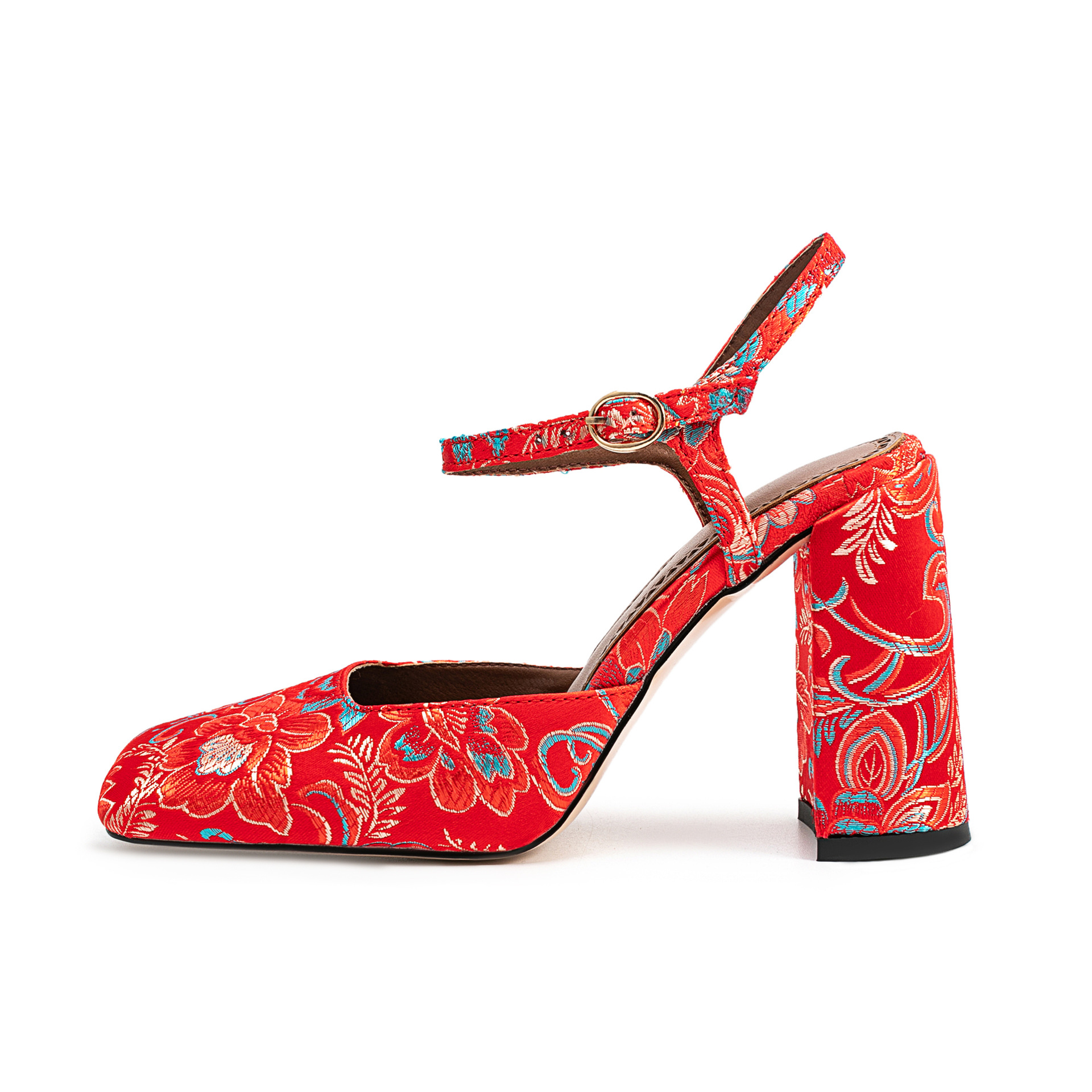 Red Satin Square-Toe Bridal Sandals - Silk Wedding Shoes with Ankle Strap and Open Toe