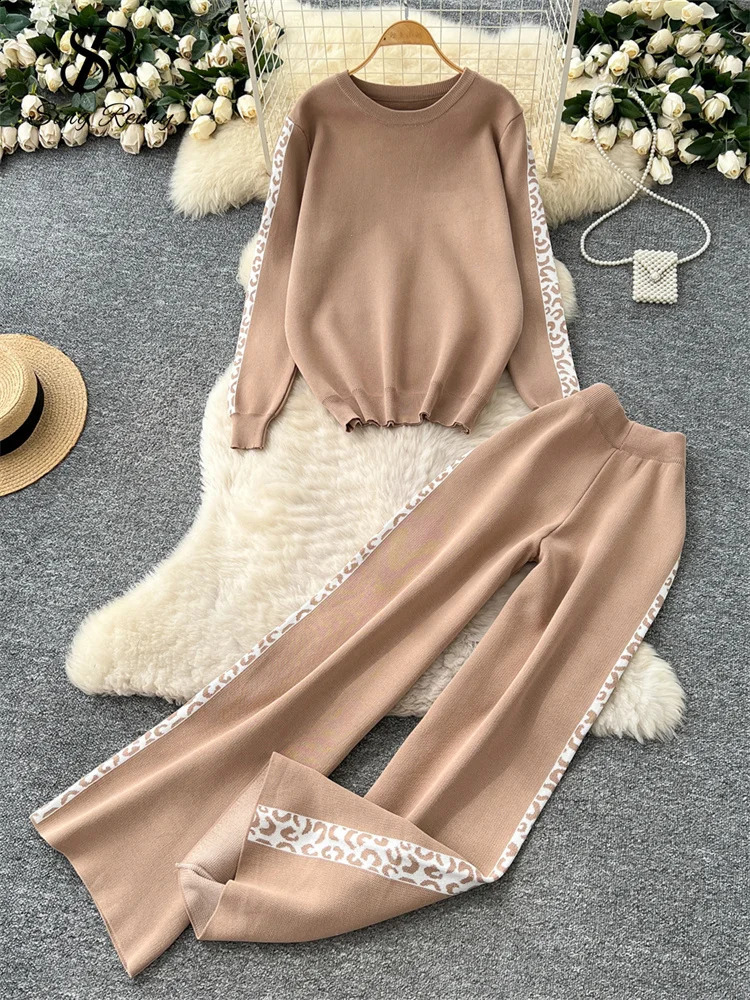 SINGREINY est Autumn Warm Women Suits O Neck Full Sleeves Loose PulloverWide Legs Long Pants Casual Print Knitting Sets 250808