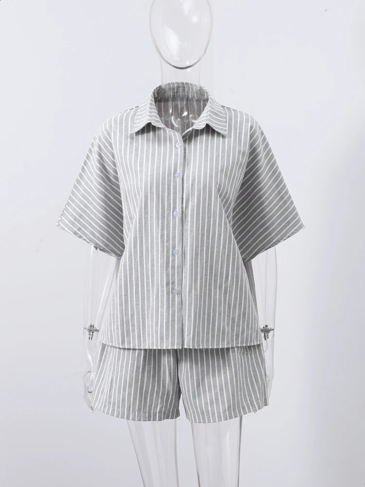 Casual Striped Lace Up Women Shorts Suits Lapel Half Sleeve Single Breasted Shirt Wide Leg Summer Chic Lady Sets 250809