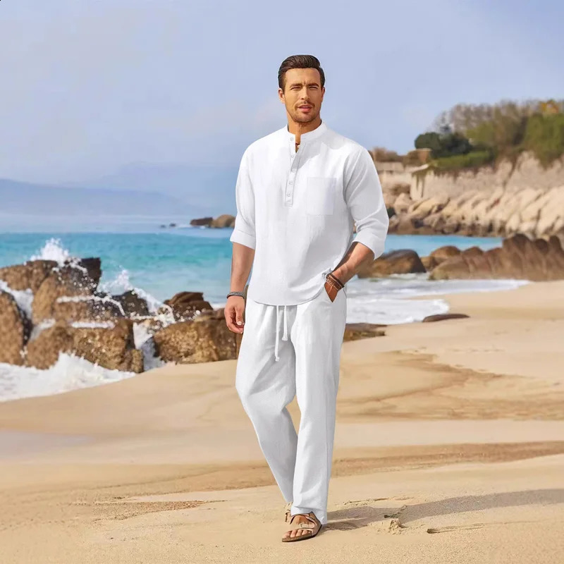 Mens Lightweight y Polo Shirt Set Summer Stand up Collar Button Pocket Cotton Hemp Long Sleeve Pants Casual 250809