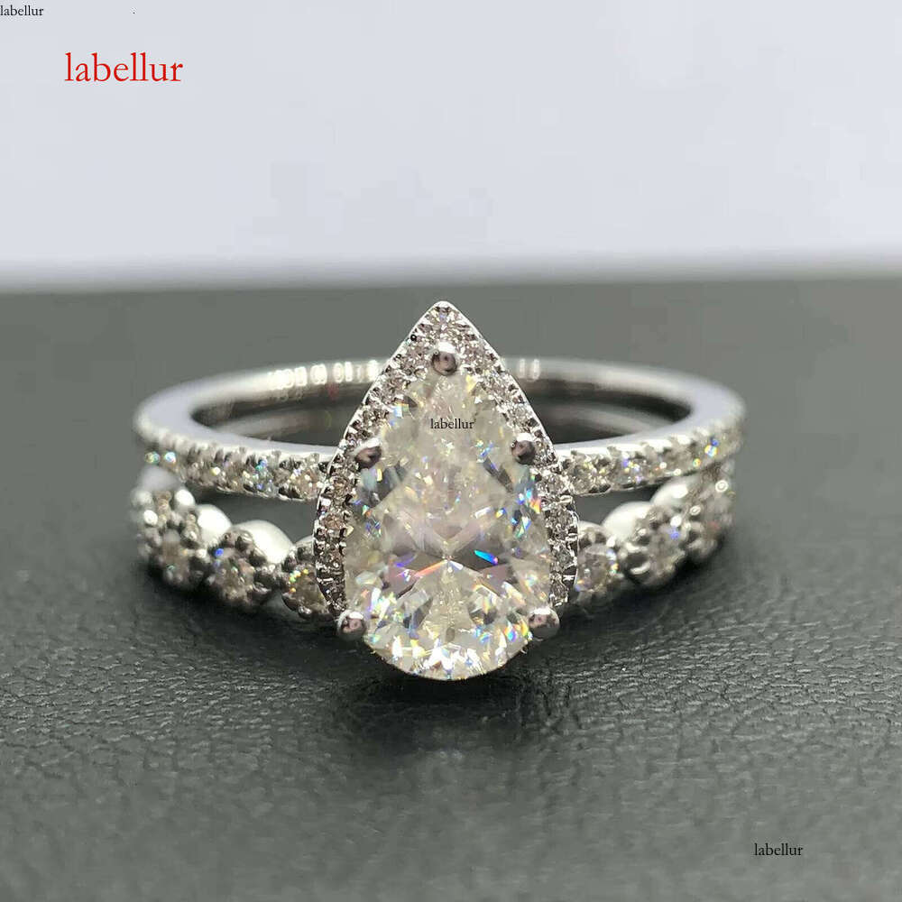 Fine Jewelry Pear Engagement Set Pure Gold Wedding Milgrain Band Dia Moissanite Stacking Ring for Women
