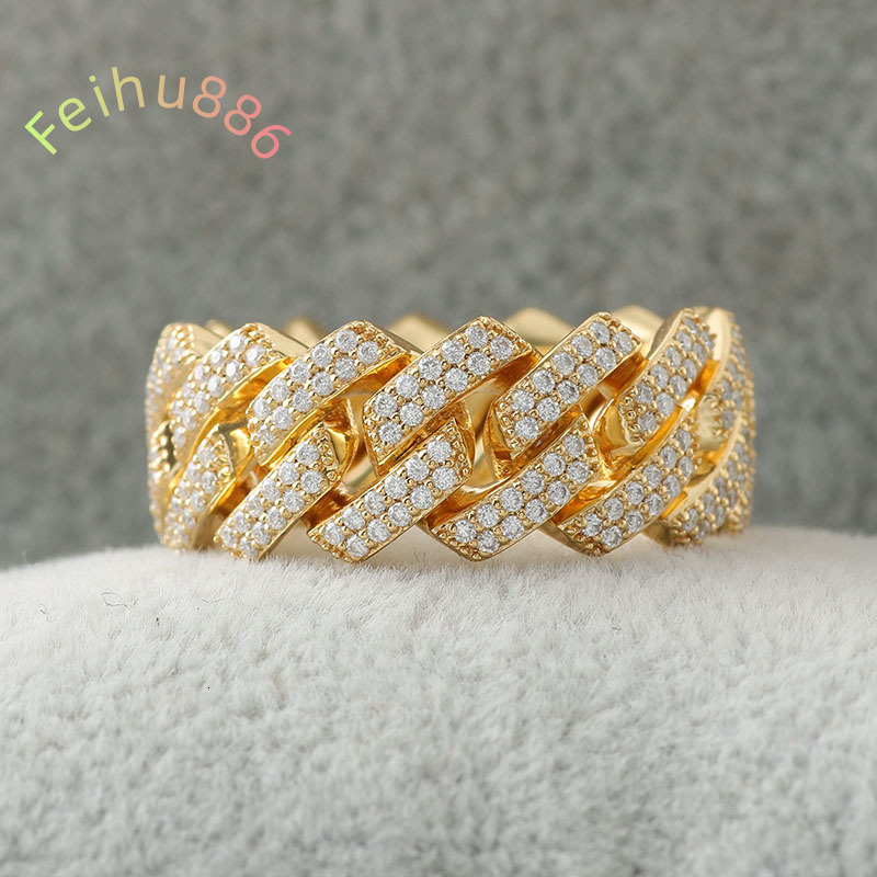 Miami Trendy Hip Hop Moissanite Cuban Link Ring Yellow Gold With DEF Moissanite Diamond for Rapper