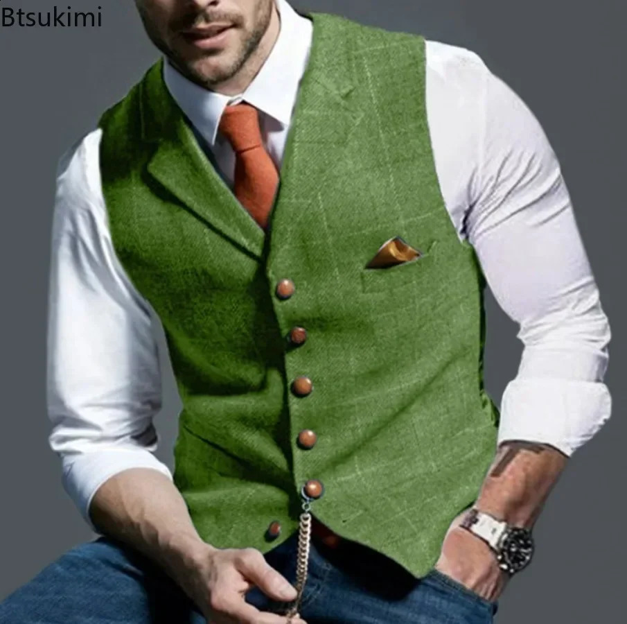 Mens Formal Vests Lapel Tweed Plaid Vneck Waistcoat Slim Vest Business Dress Suit Casual Wedding Tuxedo Male 250809