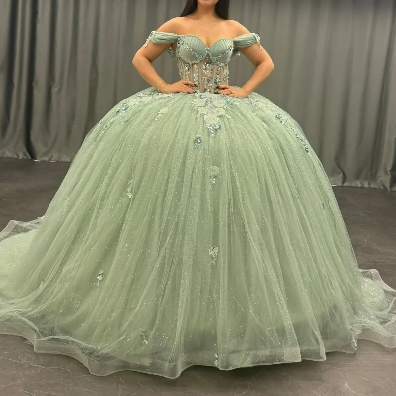 Green Quinceanera Dresses Ball Gown Off The Shoulder Applique Lace Beads Tull Corset Party Birthday Sweet 16 Dress Vestidos 15 Anos