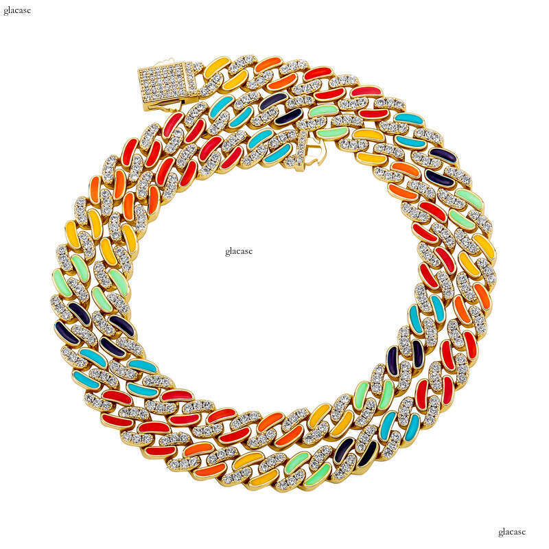 8mm New Colorful Oil Drop Mixed Moissanite chain Cuban Necklace Men's National Trend Bracelet Hip Hop Accessories
