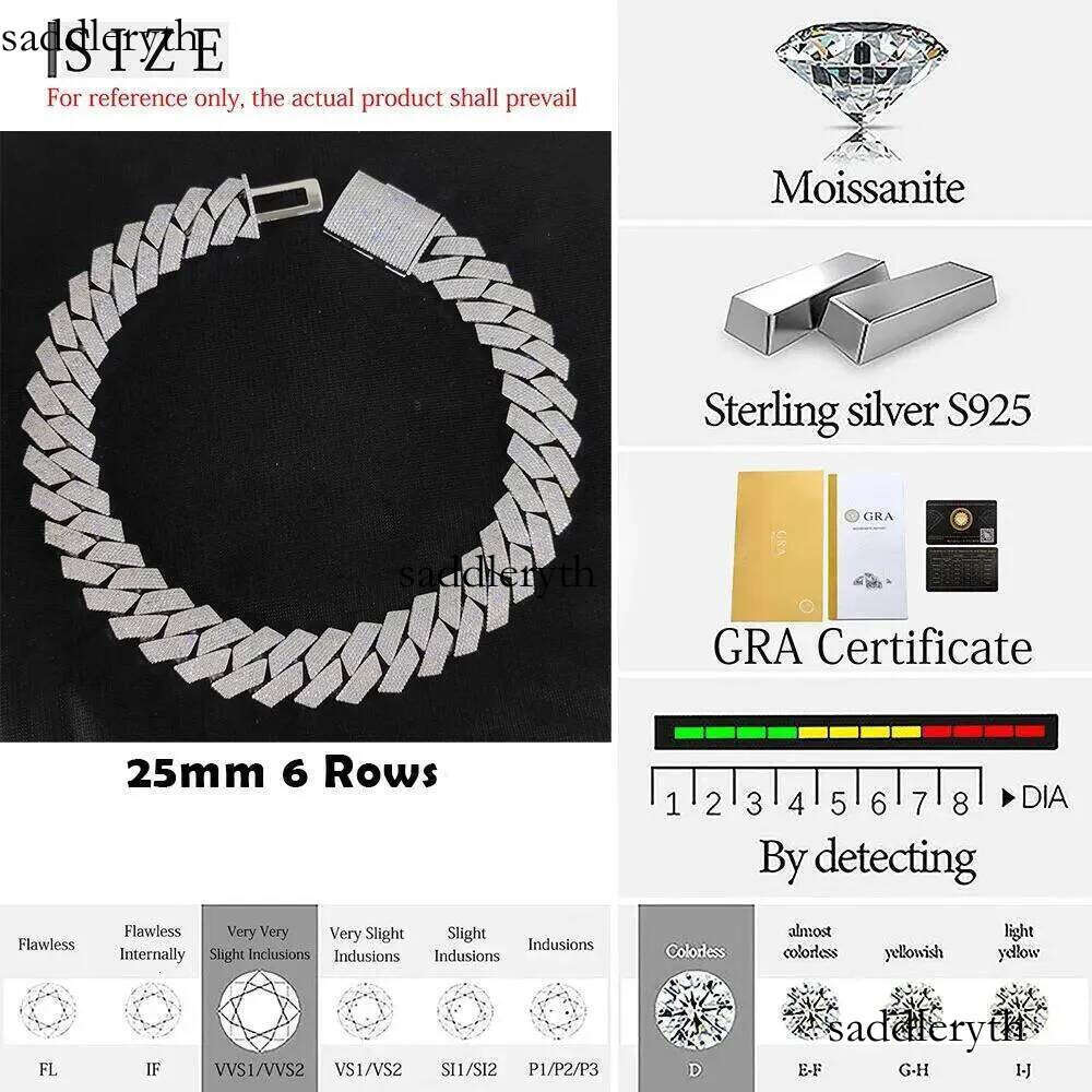Pass Dia Test GRA Moissanite 25mm Wide 6Rows Solid Sier Cuban link chain for Rapper Hip Hop VVS Iced Out Necklace