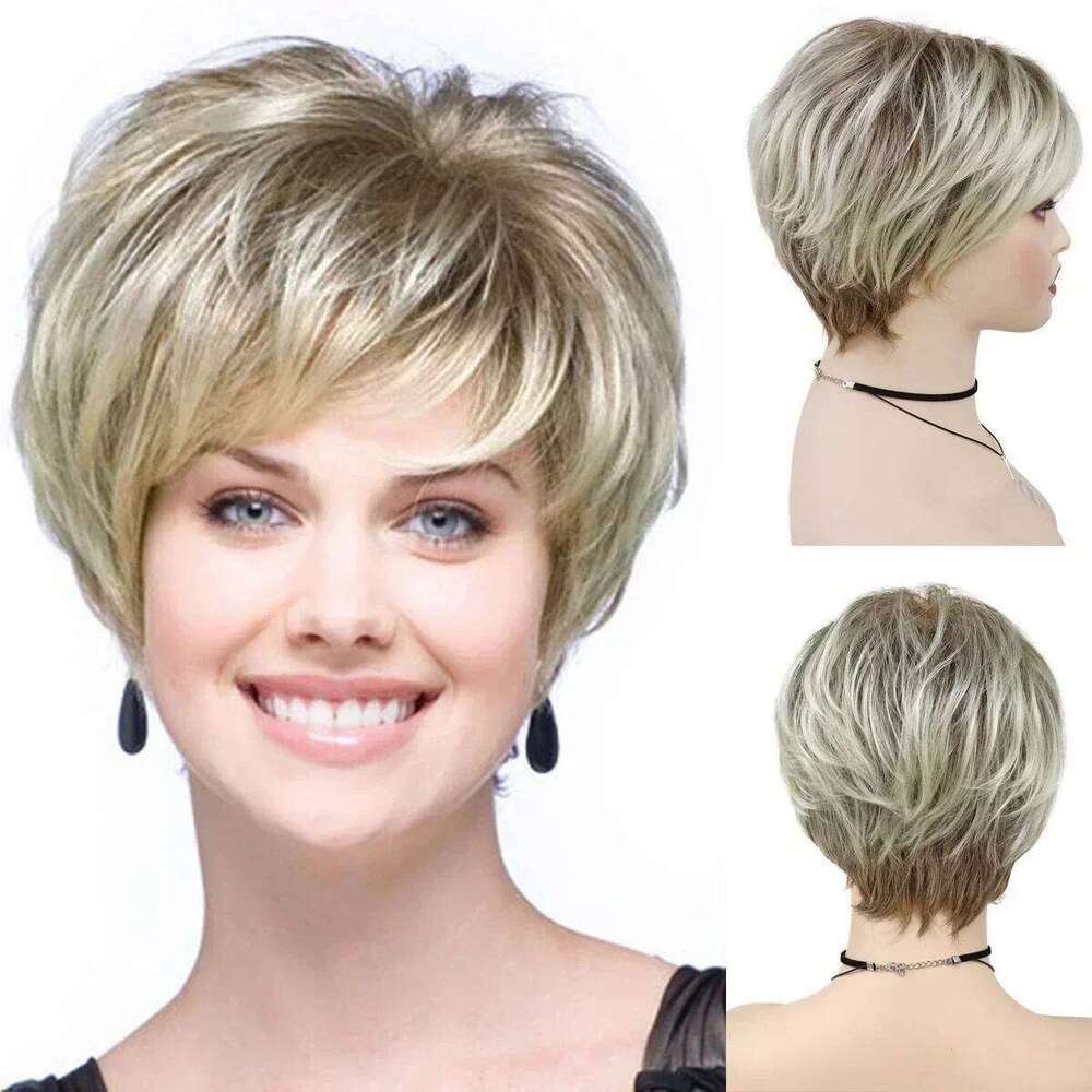 Old Lady Synthetic Hair Blonde with Bangs Natural Short White Woman High Temperature Blond Ombre Mommy Wig for Daily