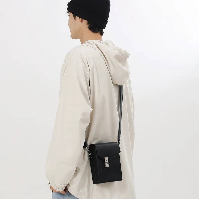 New Men's Small Flap Crossbody Designer Box Shape Shoulder Pu Leather Lock Buckle Single Mobile Phone Bag Purse