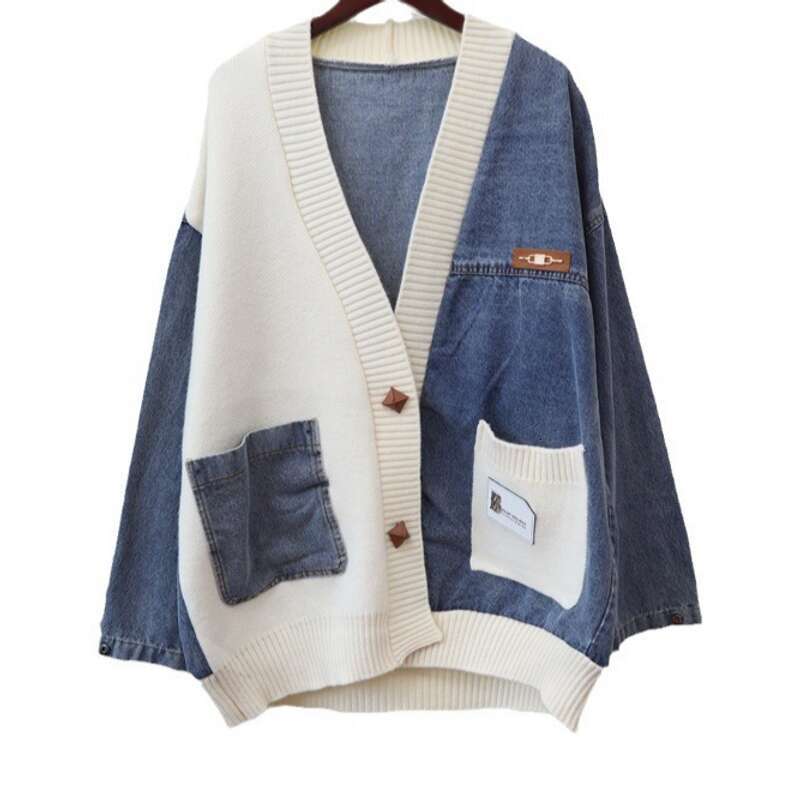 Women's Clothing Loose Lazy Style Denim Splicing Design Knitted Cardigan Women's Sweater Jacket